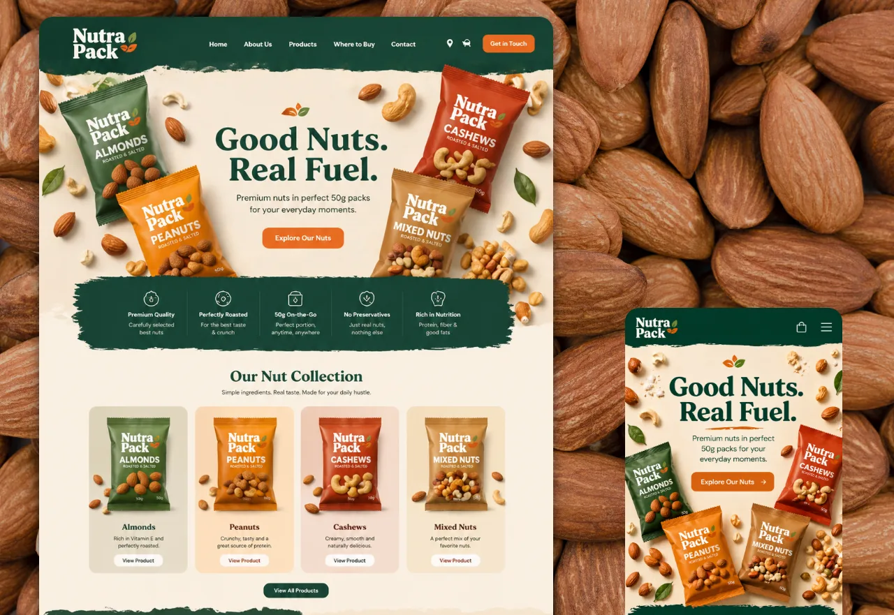 Nutra Pack food brand website and product presentation preview