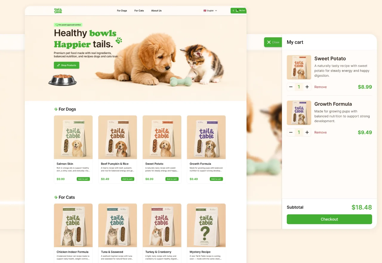 Tail & Table pet food e-commerce website preview